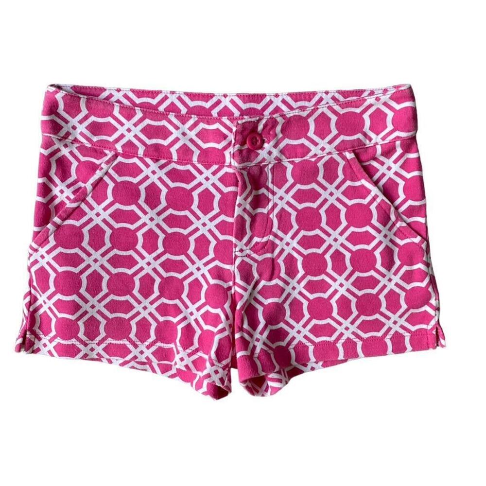 Girls M JK Hot Pink White Geo Print Pocket Stretch Button Zip Flat Front Shorts